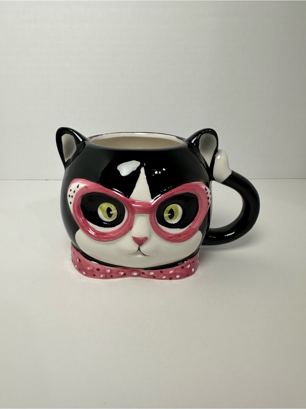 Whimsical Cat Mug with Pink Glasses and Bow